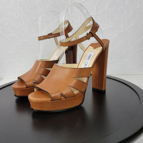 Jimmy Choo Hermione Platform Women Sandals Size 41 US11 Tan Leather Open Toe NEW - Picture 1 of 14